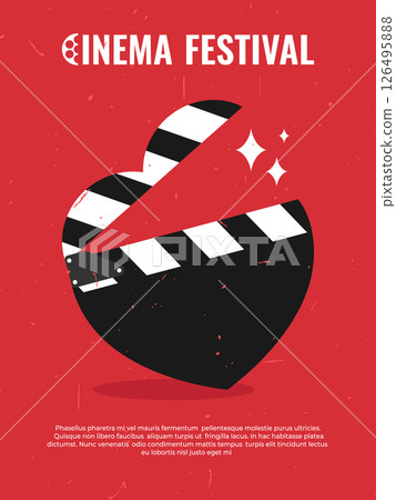 Grunge cinema festival poster design with heart shaped clapperboard on red background. Film festival flyer. Vector illustration 126495888