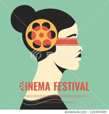 Retro style cinema festival poster design. Woman with film covering her eyes. Film festival flyer. Vector illustration 126495889