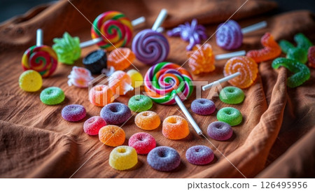 A colorful assortment of lollipops and candy on a table. The candy is in various shapes and colors, including green, red, and yellow. Scene is cheerful and playful 126495956