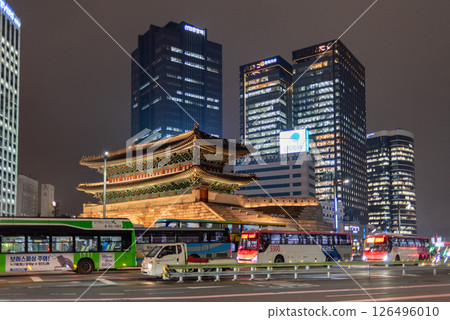 Night view of illuminated Sungnyemun gate in Seoul, South Korea Night view of illuminated Sungnyemun gate in Seoul, South Korea 126496010