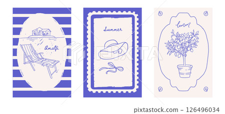Summer minimalistic posters set. Italy Amalfi vintage vibe. Vector cards with the image of blue Italian Mediterranean beach, potted lemon tree, beach lounger with retro houses. Summer minimalistic posters set. Italy Amalfi vintage vibe. Vector cards with the image of blue Italian Mediterranean beach, potted lemon tree, beach lounger with retro houses. 126496034