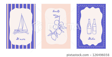 Italian summer vacation posters set in minimal ink hand drawn style. Vector Mediterranean coast sea vibe or beach printable placards. Sea weekend or rest drawings for cafe or restaurant decor 126496038