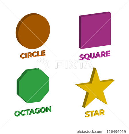 3D Geometric Shapes Vector Illustration. Colorful 3D vector illustration featuring four basic geometric shapes: a brown circle, a purple square, a green octagon and a yellow star. 126496039