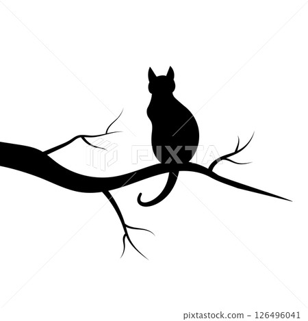 Cat Silhouette on a Tree Branch Vector Illustration. This minimalist black and white vector illustration features a silhouette of a cat sitting gracefully on a tree branch. 126496041