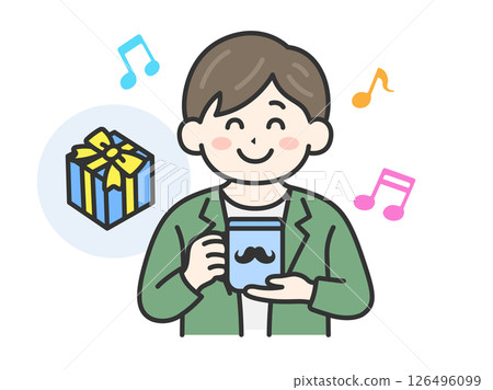 父親節收到馬克杯禮物的男士（線畫，彩色）的插圖 126496099