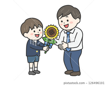 父親節當天,男孩(彩色線畫)送給父親一朵向日葵的插圖 父親節當天,男孩(彩色線畫)送給父親一朵向日葵的插圖 126496101