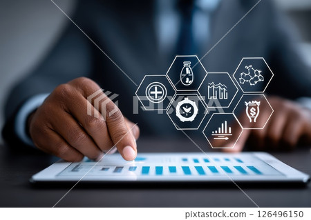 Digital Fintech Icons Collage with Businessman Using Tablet for Innovative Financial Solutions Digital Fintech Icons Collage with Businessman Using Tablet for Innovative Financial Solutions 126496150