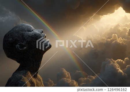 Crystalline Figure in Portrait, Screaming at the Sky Above with Rainbow and Dramatic Clouds 126496162