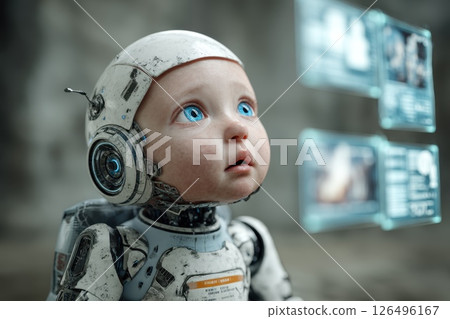 Humanoid AI with Expressive Blue Eyes Gazing Upwards in a Futuristic Environment Humanoid AI with Expressive Blue Eyes Gazing Upwards in a Futuristic Environment 126496167