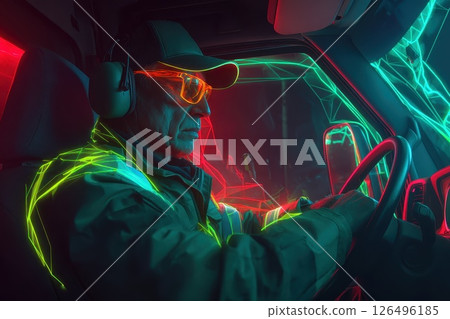 Driver in a Truck with Digital Map and Glowing Route Elements at Night Driver in a Truck with Digital Map and Glowing Route Elements at Night 126496185