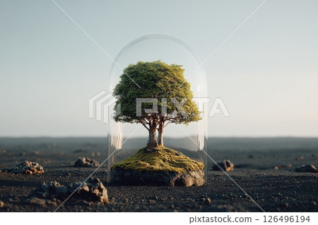Small Lush Tree Under Glass Dome Protecting Nature in a Serene Forest Landscape Small Lush Tree Under Glass Dome Protecting Nature in a Serene Forest Landscape 126496194