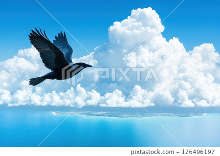 Clever Crow Flying Gracefully Through Soft White Clouds in a Clear Blue Sky 126496197