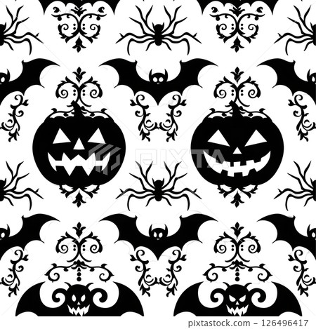 Spooky Halloween Pattern: Bats, Pumpkins, Spiders, and Victorian-Style Designs Spooky Halloween Pattern: Bats, Pumpkins, Spiders, and Victorian-Style Designs 126496417