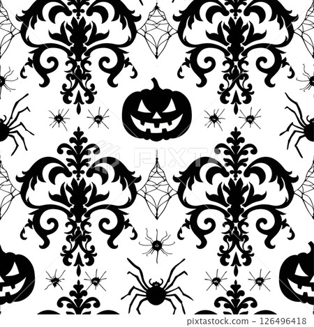Elegant Halloween Damask Pattern: Spooky Spiders, Jack-o'-lanterns, and Intricate Black and White Design Elegant Halloween Damask Pattern: Spooky Spiders, Jack-o'-lanterns, and Intricate Black and White Design 126496418