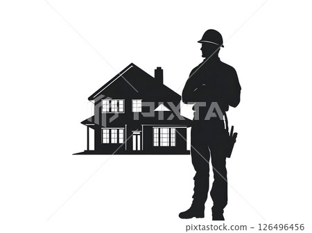 Home Construction: Silhouette of a Builder and New House 126496456
