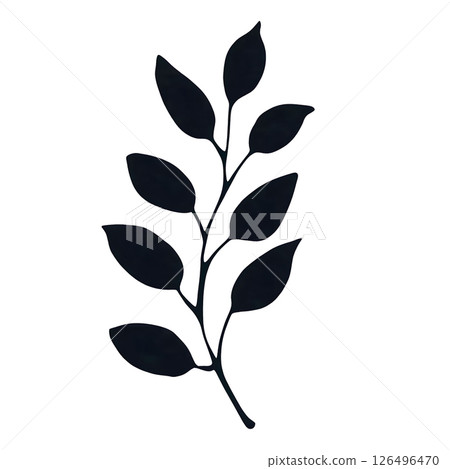 Elegant Silhouette of a Branch with Leaves against a Sage Green Background: A Botanical Illustration 126496470