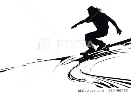 Silhouette of a Skateboarder Riding Down a Hill Towards a Cityscape Backdrop of Mountains 126496485