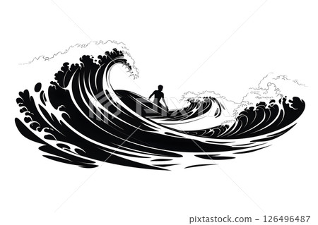Surfer Silhouette in Monochrome Ocean Waves: A Powerful Black and White Graphic Surfer Silhouette in Monochrome Ocean Waves: A Powerful Black and White Graphic 126496487