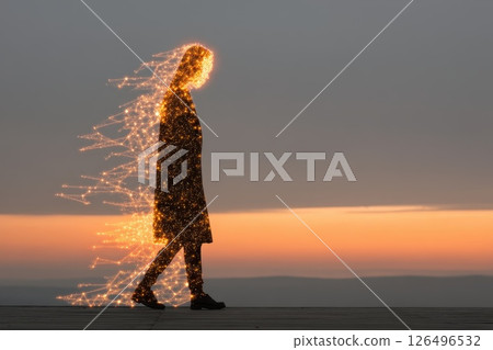 Employee Walking in Digital Transformation with Visual Effects Against Sunset Background 126496532