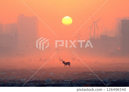 Vibrant Sunset Over a Trash Field with Wind Turbines in the Background 126496540