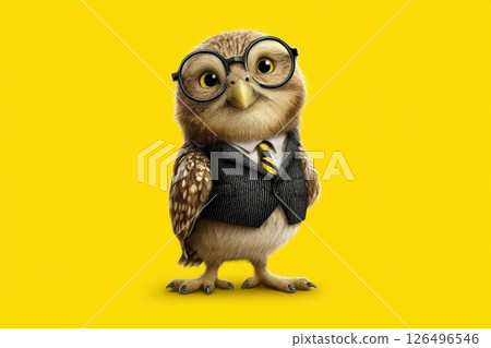 Wise Owl in Business Suit with Glasses Against Bright Yellow Background 126496546