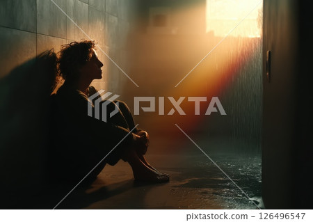 Man Sitting on Bathroom Floor Looking Overwhelmed in Soft Natural Light and Gentle Rain 126496547
