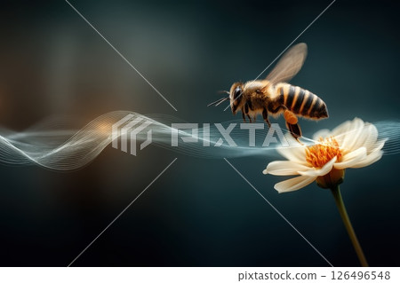 Bee Hovering Near a Glowing Flower Surrounded by Soft Light and Nature Elements 126496548