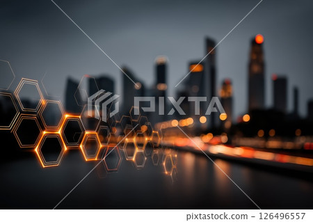 Glowing Hexagonal Shapes Representing Digital Firewall Concept Over Cityscape Background Glowing Hexagonal Shapes Representing Digital Firewall Concept Over Cityscape Background 126496557