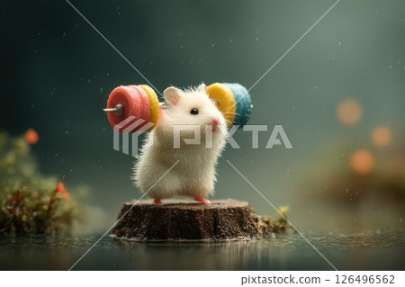 Fluffy Hamster Lifting Colorful Weights on Tree Stump in Nature with Soft Rain Background 126496562
