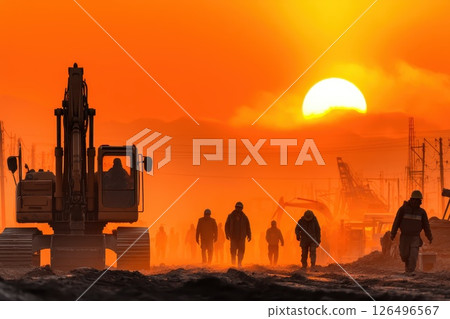 Workers Silhouetted Against a Backlit Sunset in an Outdoor Construction Scene 126496567