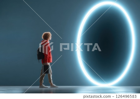 Animated Character with Briefcase Approaching a Digital Portal in a Futuristic Environment 126496583