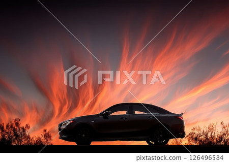 Silhouette of Car Driving Along Desert Highway Under Dramatic Sunset Sky Silhouette of Car Driving Along Desert Highway Under Dramatic Sunset Sky 126496584