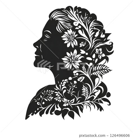 Floral Silhouette of a Woman's Profile: A Black and White Artistic Design 126496606