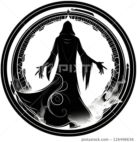 Silhouette of a hooded figure standing before a mystical portal, encircled by ethereal smoke and ornate detailing. 126496636