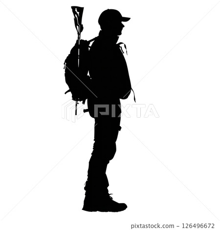 Silhouette of a Hiker with Backpack and Rifle Silhouette of a Hiker with Backpack and Rifle 126496672