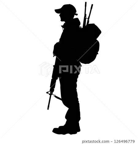 Silhouette of a Soldier with a Backpack and Rifle Silhouette of a Soldier with a Backpack and Rifle 126496779