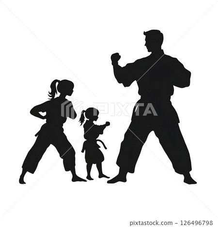 Martial Arts Family: Master and Students Silhouettes 126496798