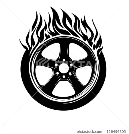 Fiery Wheel: A Black and White Illustration of a Burning Tire 126496803