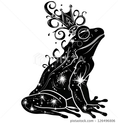 Majestic Celestial Frog: A regal amphibian adorned with a crown, cosmic dust, and stars, sits proudly against a white backdrop. Majestic Celestial Frog: A regal amphibian adorned with a crown, cosmic dust, and stars, sits proudly against a white backdrop. 126496806
