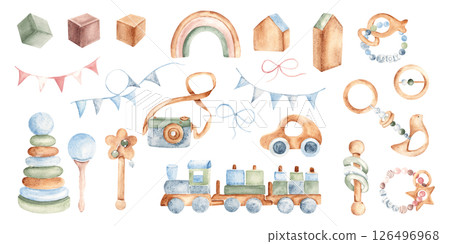 Wooden Eco Toys set for boy and girl. Car, Camera, Train, Cubes and Pyramid. Rattles and Teethers. Bunting blue and pink Party Flags. Watercolor Hand drawn Kids illustration in Vintage style isolated 126496968