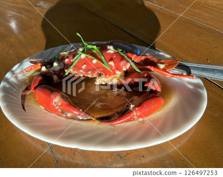 large boiled crab with spices on a plate large boiled crab with spices on a plate 126497253