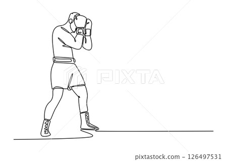 Continuous one line drawing professional boxer covering his face for defending himself during fight on boxing ring. Male fighter practicing at gym. Single line draw design vector graphic illustration 126497531