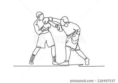 Continuous one line drawing aggressive athlete striking at his opponent with hook punch during boxing fight. Two boxers having match in boxing ring. Single line draw design vector graphic illustration 126497537