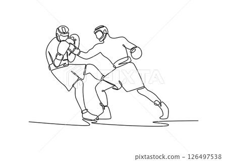 Single continuous line drawing muscular athlete striking his opponent with uppercut during boxing fight. Two young boxers having match in boxing ring. One line draw graphic design vector illustration Single continuous line drawing muscular athlete striking his opponent with uppercut during boxing fight. Two young boxers having match in boxing ring. One line draw graphic design vector illustration 126497538