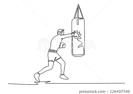Single continuous line drawing strong male boxing athlete intensely training with punching bag, demonstrating strength, skill, motion, determination. One line draw graphic design vector illustration Single continuous line drawing strong male boxing athlete intensely training with punching bag, demonstrating strength, skill, motion, determination. One line draw graphic design vector illustration 126497540