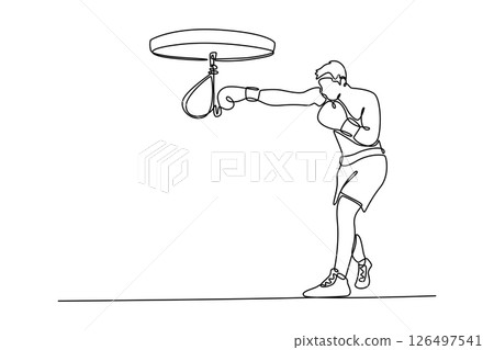 Single continuous line drawing male fighter in boxing gloves practices his punch in gym and hits small punching bag. Strong man doing sports, workout. One line draw graphic design vector illustration Single continuous line drawing male fighter in boxing gloves practices his punch in gym and hits small punching bag. Strong man doing sports, workout. One line draw graphic design vector illustration 126497541