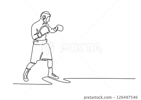 Single one line drawing side view professional boxer with bare torso wearing boxing gloves, ready to fight. Boxing champion train at gym. Modern continuous line draw design graphic vector illustration 126497546