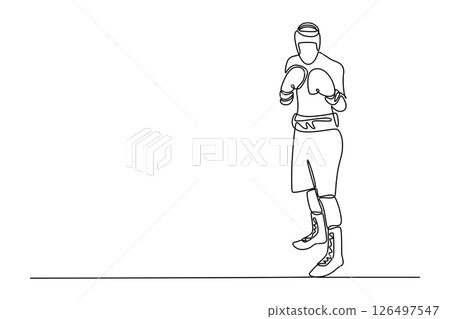 Single one line drawing tough male boxer posing in boxing stance. Professional fighter ready for boxing match. Sport, healthy, body, strength. Continuous line draw design graphic vector illustration 126497547