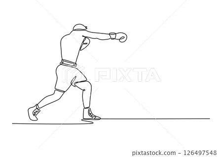 Single one line drawing aggressive man boxer performs jab punch exercise with his hands covered in boxing gloves. Health, sport, motion concept. Continuous line draw design graphic vector illustration 126497548