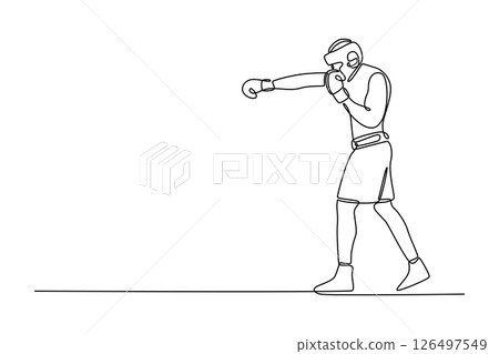 Single one line drawing young man boxer wearing protective head guard and boxing gloves practicing for fight. Concept of sport and healthy lifestyle. Continuous line design graphic vector illustration 126497549